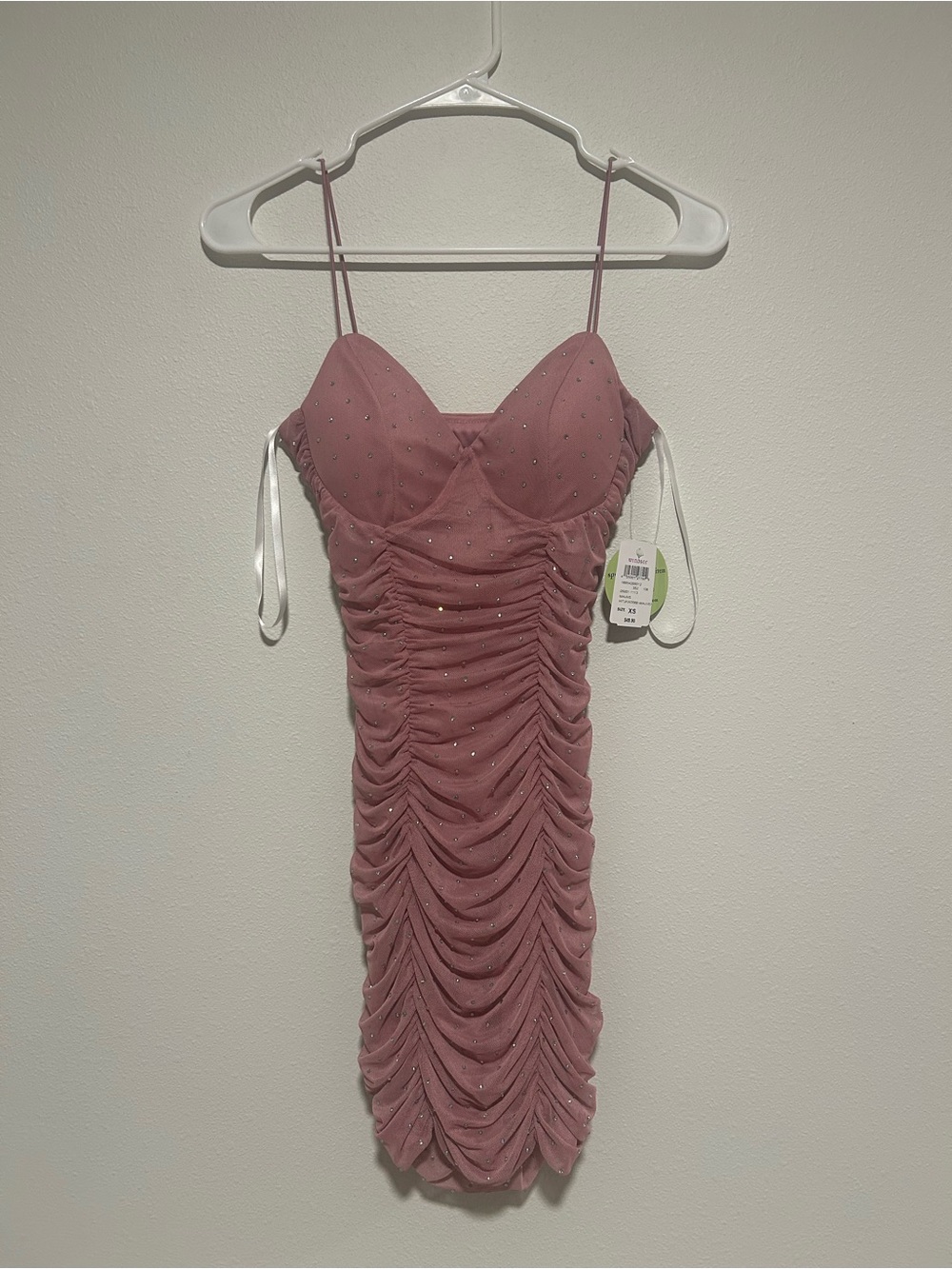 Windsor Dusty Rose Ruched Mesh Mini Dress with Sparkle